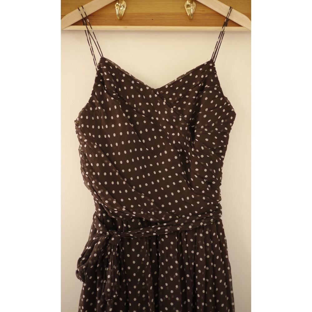 Vtg Style 100% Silk Chocolate Brown Polka Dots Spaghetti Strap Party Dress 8P